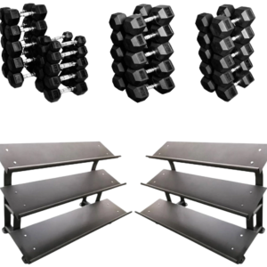 French Fitness Rubber Hex Dumbbell Set 5-100 lbs w/(2) 3 Tier Dumbbell Racks (New)